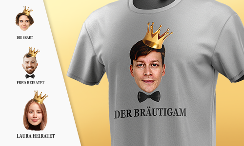 Graues T-Shirt mit „DER BRÄUTIGAM“-Design – Seitenporträts mit den Beschriftungen „DIE BRAUT“, „FRED HEIRATET“ und „LAURA HEIRATET“.