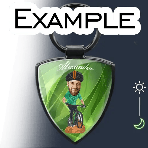 Llavero en forma de escudo personalizado estilo cómico con afición o profesión