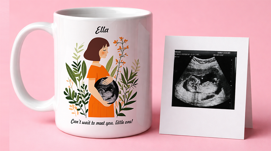 Taza con ilustración de mujer embarazada, nombre Ella, foto de ultrasonido al lado, fondo rosa
