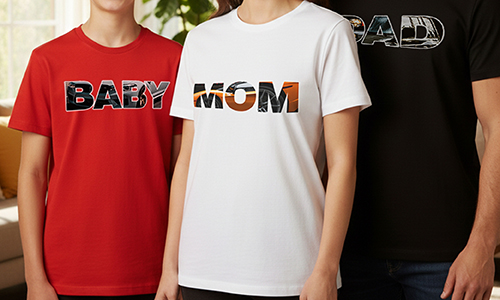 Tres personas con camisetas temáticas: BABY en rojo, MOM en blanca, DAD en negro, diseños de texto en negrita y patrones
