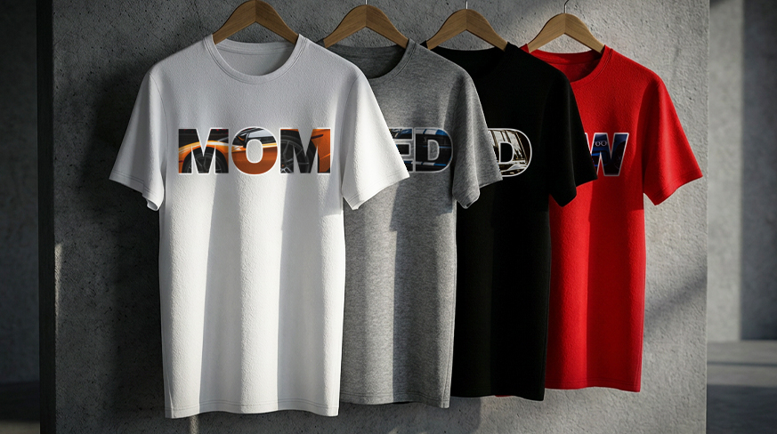Cuatro camisetas en perchas: MOM en blanca, ROJA en gris, DAD en negro, WOW en rojo, diseños gráficos llamativos