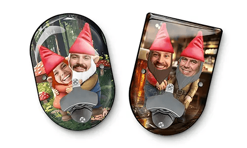 Personalized wall bottle opener with garden gnomes