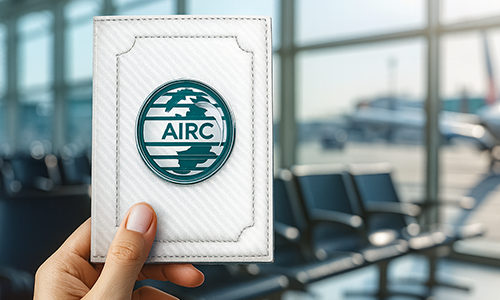 Weißes Reiseetui mit Nahtkante und AIRC-Globuslogo in der Hand, Flughafenlounge im Hintergrund