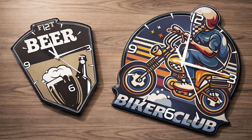 Dos relojes de pared decorativos: izquierda con temática de cerveza con texto BEER y jarra, derecha con diseño de motocicleta BIKER6CLUB