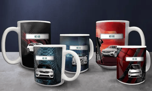 Three vehicle-themed mugs: green motorcycle with lightning and 