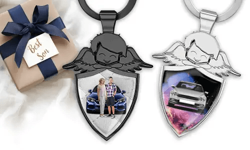 Llavero personalizado de ángel en forma de escudo - regalo para tu hijo