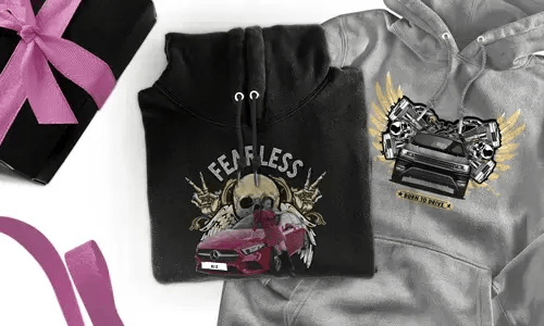 Personalised hoodie with car motif for your sister