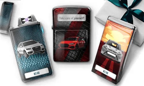 Three car-themed lighters: silver Audi SUV on blue snakeskin background, red sports car with 
