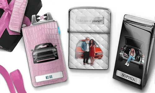 Two decorative electric lighters with car-themed family photos: pink with vintage white car and 