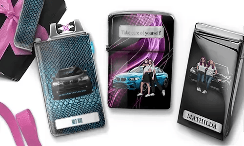 Three custom electronic lighters with car-themed photo prints: blue BMW with 