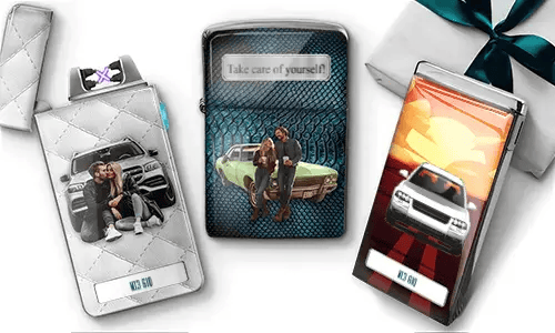 Custom cigarette cases with personalized images and license plates. Features couples with cars, a gift box, and a sign reading 