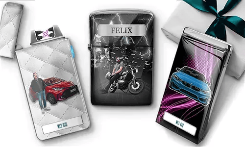 Personalisierte Zigarettenetuis mit unterschiedlichen Designs. Eines zeigt einen Mann neben einem roten Auto, ein anderes einen Motorradfahrer, und das letzte ein blaues Auto vor einem dynamischen Hintergrund.