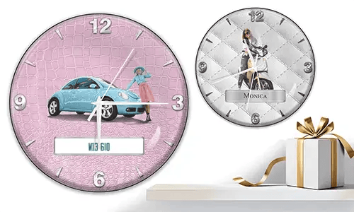 Two wall clocks with female figures and vehicles: left with black car on purple waves, right with red and black cars, racing flags, and blue background