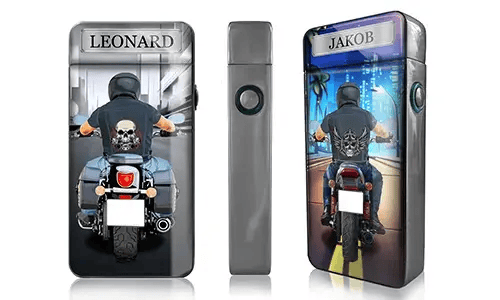 Two rectangular biker-themed devices show motorcyclists from behind. Each biker wears a skull-print shirt and rides on an urban road. Names 
