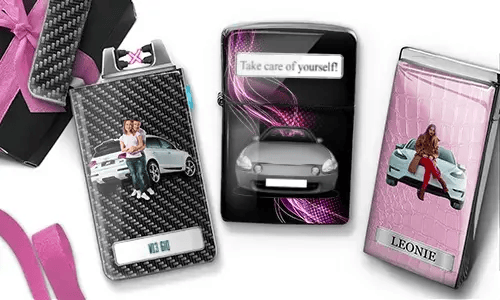 Three lighters with car-themed designs, featuring images of cars and people, against black and pink backgrounds, exuding a stylish, modern vibe.
