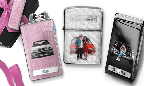 Two decorative electric lighters with car-themed family photos: pink with vintage white car and 