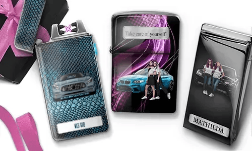 Three custom electronic lighters with car-themed photo prints: blue BMW with 