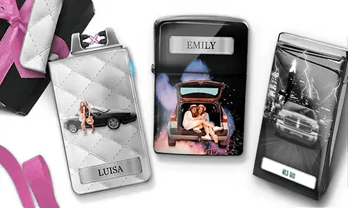 Three personalized lighters featuring car images and names 