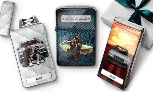 Custom cigarette cases with personalized images and license plates. Features couples with cars, a gift box, and a sign reading 