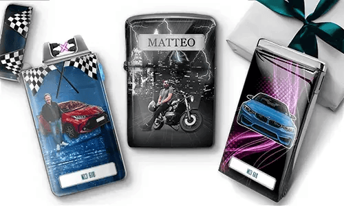 Three personalized lighters with printed images: a red car with a person, a motorcycle scene with lightning, and a blue car with 