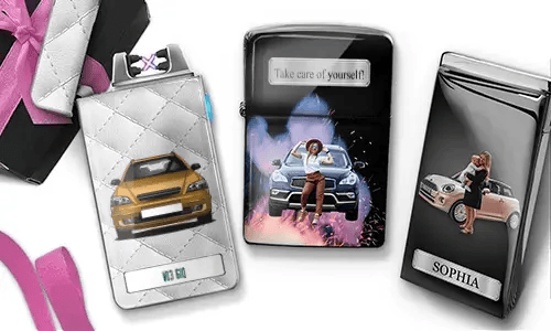 Stylish lighters featuring women posing with luxury cars. Text reads 