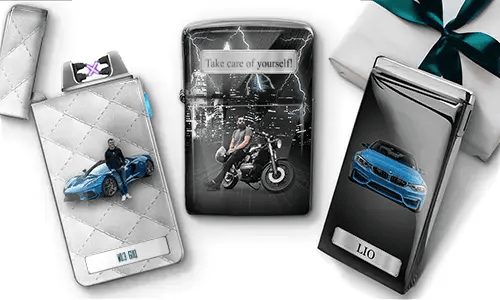 Three personalized cigarette lighters with designs: a man posing with a blue car, a person on a motorcycle, and a blue car with 