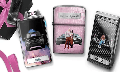 Three custom lighters with romantic car-themed designs: woman in trunk, couple in front of car, carbon-style car