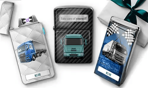 Three rectangular tins with truck designs: left has an orange sunset and truck, center features a green truck with 