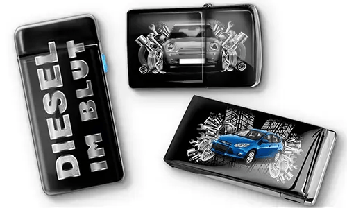 Three black car-themed lighters with metallic accents. One has 