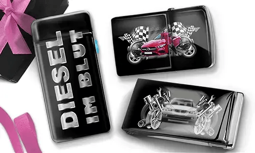 Plastic cases featuring automotive themes: one with 