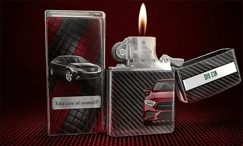 Flip-top lighter with flame: red car on carbon fiber background, black car with name JONAS on quilted panel