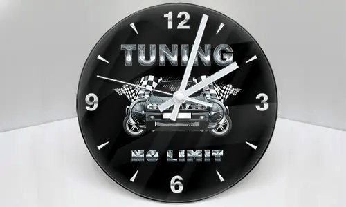 Wall clock with stylized car, checkered flags, and metallic TUNING NO LIMIT text on black background