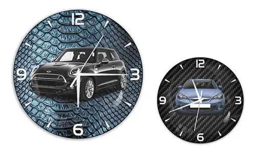 Two wall clocks with car illustrations: left with black car on blue reptile texture, right with blue car on carbon background