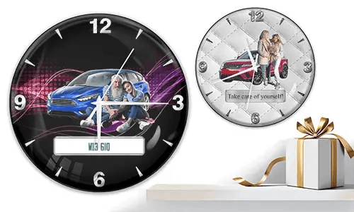 Two wall clocks with couples and cars: left with blue car and purple waves, right with red car on quilted white background
