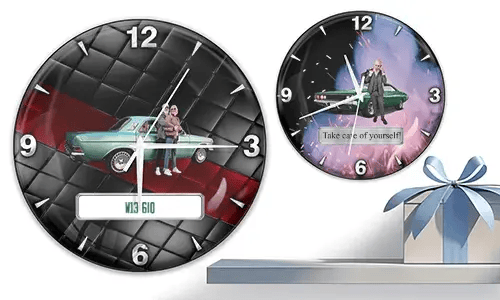 Two wall clocks with vintage cars and figures: left with turquoise car and quilted background, right with green car and fiery cosmic theme