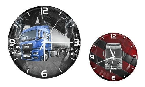 Two truck-themed wall clocks: left with blue truck and lightning cityscape, right with white truck and dark red background