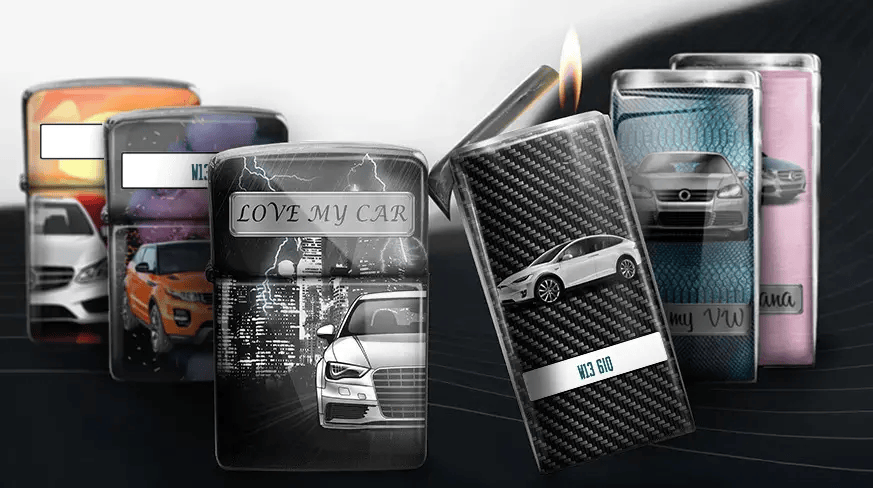 Car-themed lighters with printed designs: white car with flame, lighter with 
